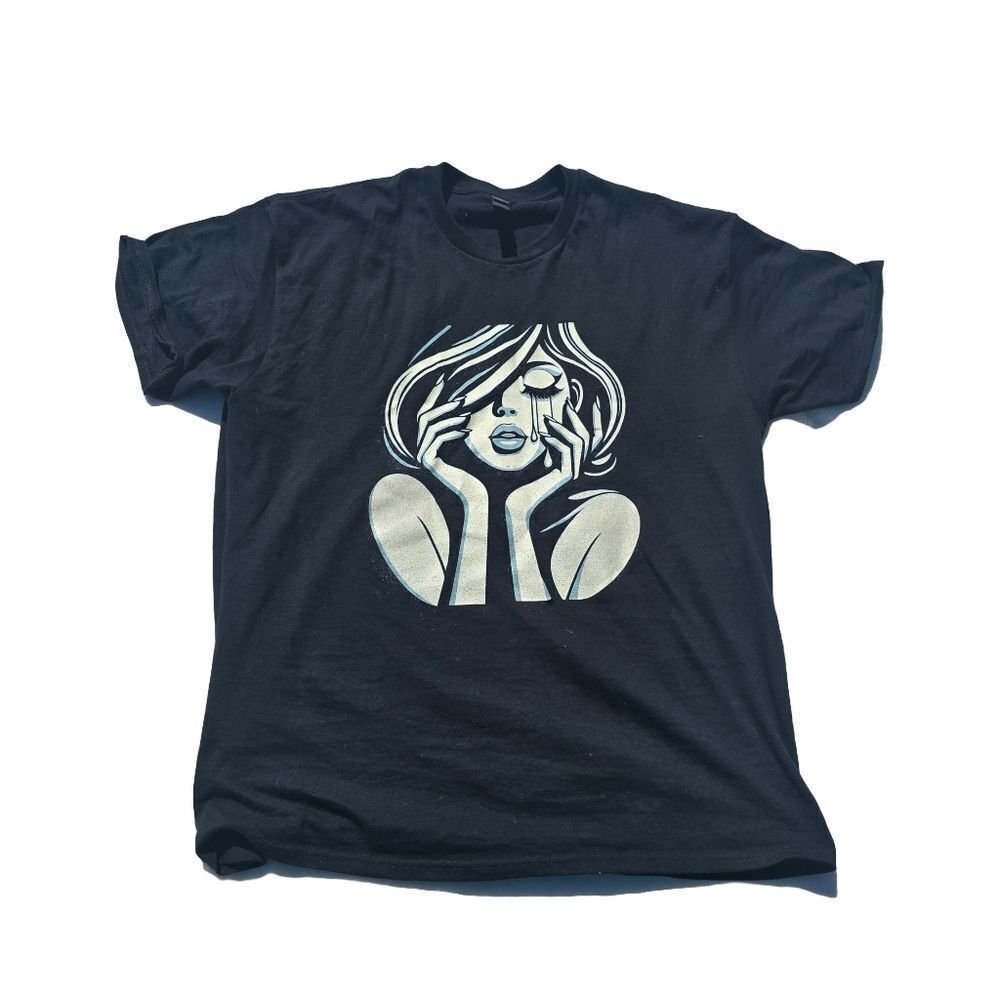 New Mystic Elegance Artistic Woman’s Face in Distressed Retro Black Graphic Tee
